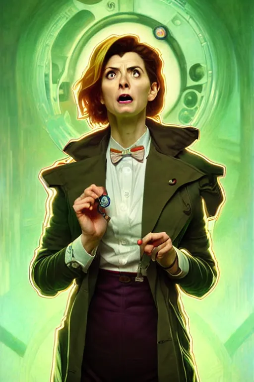 Image similar to doctor who, woman, as a mad dentist, on a plain green background, art by artgerm and greg rutkowski and alphonse mucha