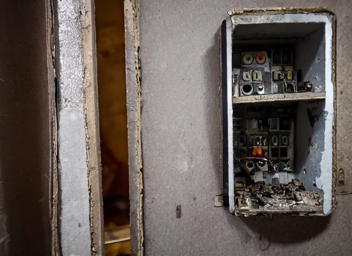 Image similar to scarry ape inside fuse box in post communist apartment building