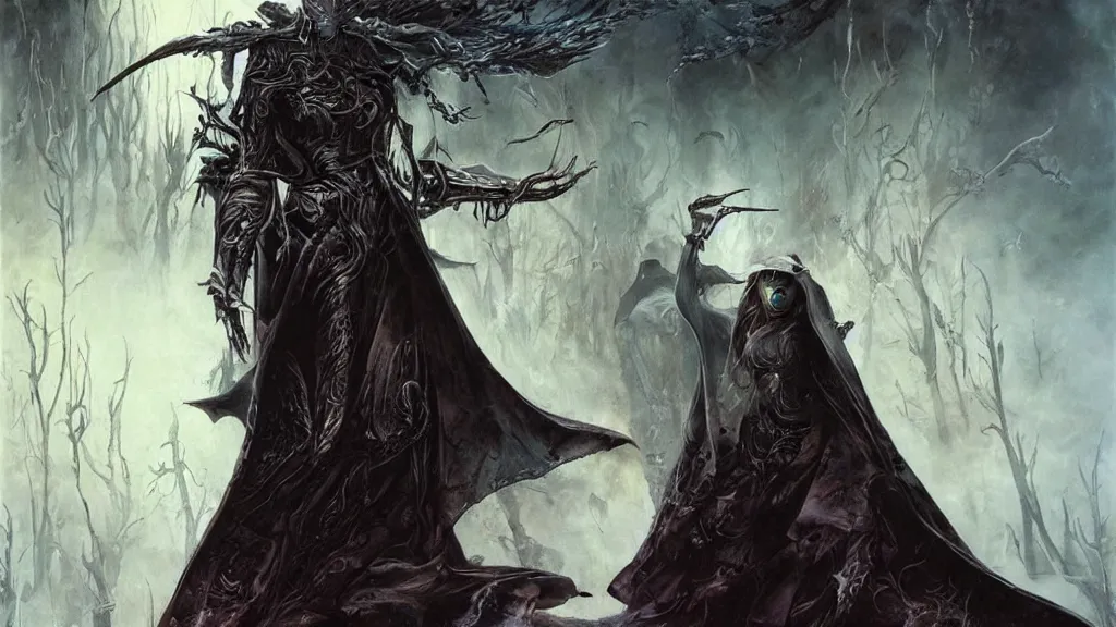 Prompt: dark sorceress on battlefield, black robe, evil eyes, long shot, karol bak