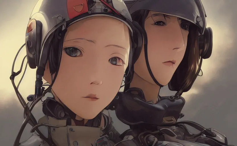 Image similar to pilot girl, cyborg aircraft parts, anime style, vintage pilot clothing, shoulder eyes, last exile anime, hair down, symmetrical facial features, from arknights, hyper realistic, 4 k, rule of thirds, extreme detail, detailed drawing, trending artstation, realistic lighting, by alphonse mucha, greg rutkowski, short neck