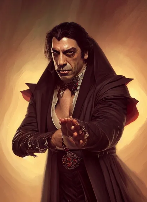 Image similar to Portrait of Javier Bardem as Dracula, D&D, muscular, fantasy, intricate, elegant, highly detailed, digital painting, artstation, concept art, smooth, sharp focus, illustration, art by artgerm and greg rutkowski and alphonse mucha