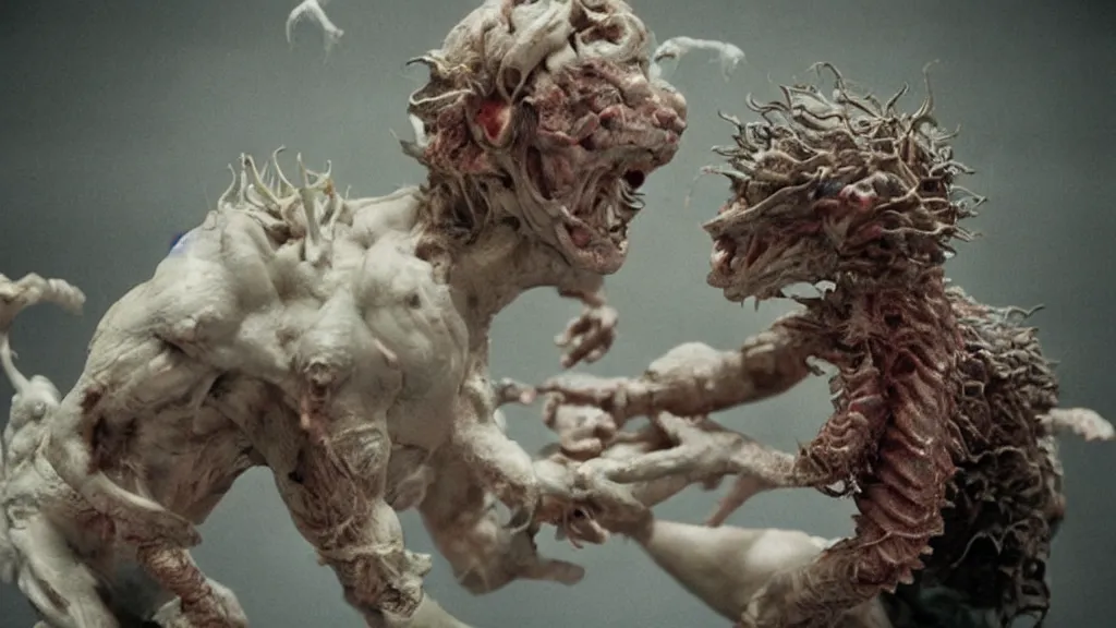 Prompt: A cinematic sculpture of a cute by scary monster with scaly skin and crazy hair by Rick Baker and Chris Walas. A film screenshot from a horror movie directed by David Cronenberg. Cinamatography by Denis Villeneuve and Christopher Nolan.