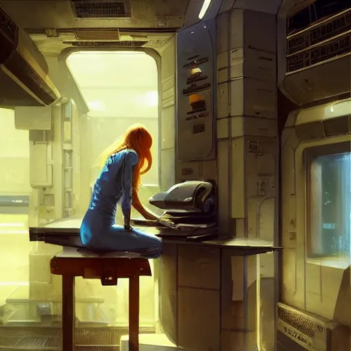 Image similar to concept art by greg rutkowski, a very tall, and slender blonde woman, wearing blue utilitarian jumpsuit, sitting in the spaceship command bridge, brutalist futuristic interior, dark lighting atmosphere, detailed portraits, nostalgic atmosphere, scifi, digital painting, artstation, concept art, smooth, sharp foccus ilustration, artstation hq