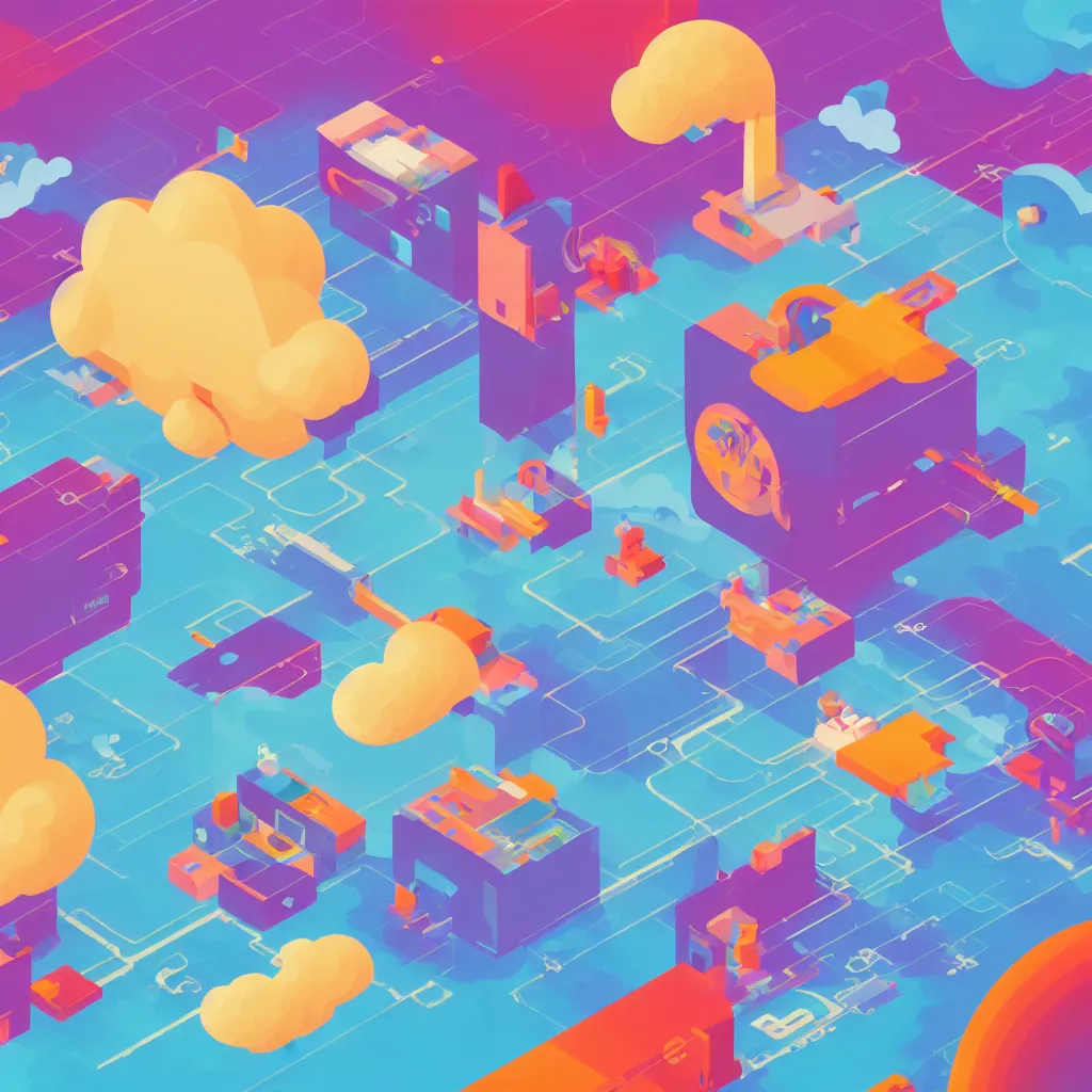 Image similar to a simple micro-service deployed to a public cloud, security, attack vector, trending on Artstation, painting by Jules Julien, Leslie David and Lisa Frank, muted colors with minimalism