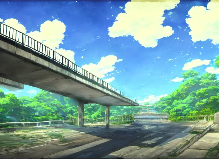 Prompt: perspective piece under a bridge, anime scenery by Makoto Shinkai