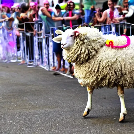 Image similar to a sheep walking in a pair of stilts carnival festival