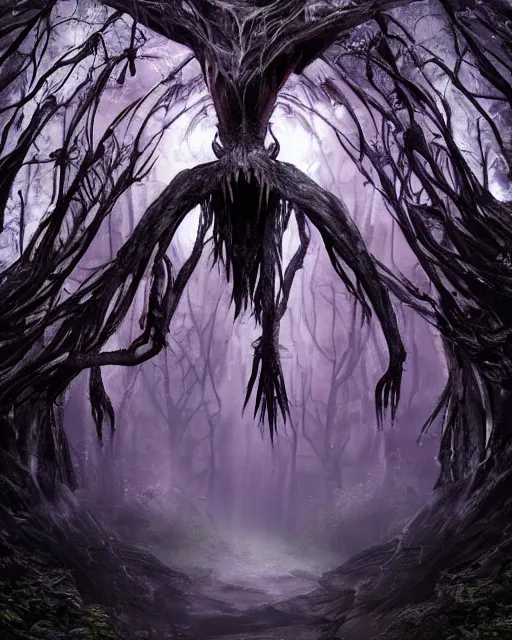 Image similar to a dementor flying through a ravenous, horrific portal to hades embedded in a creepy tree in a densely overgrown, magical jungle, fantasy, dreamlike sunraise, stopped in time, dreamlike light incidence, ultra realistic