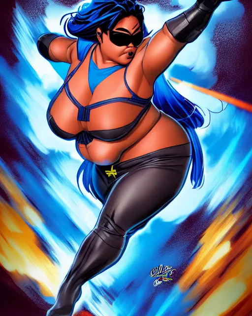 Prompt: thick chubby filipina superhero, pyrokinetic, sunglasses, sly grin, fully clothed, exaggerated perspective, flying toward camera, beautiful detailed face, bright blue hair, action pose, comic book style, highly detailed, dynamic shadows, dynamic lighting, geoff johns, jason fabok, jason fabok, brad anderson, splash art