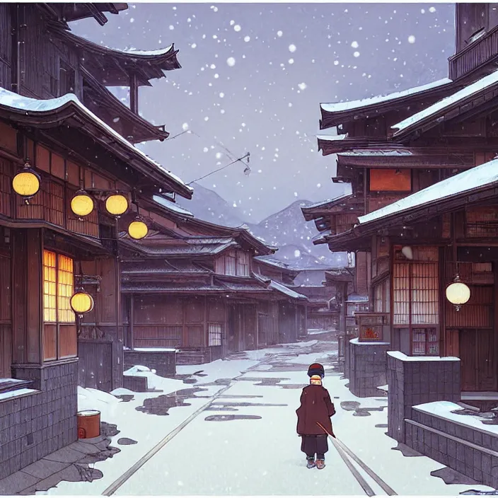 Prompt: empty rural japanese city, winter, in the style of studio ghibli, j. c. leyendecker, greg rutkowski, artem