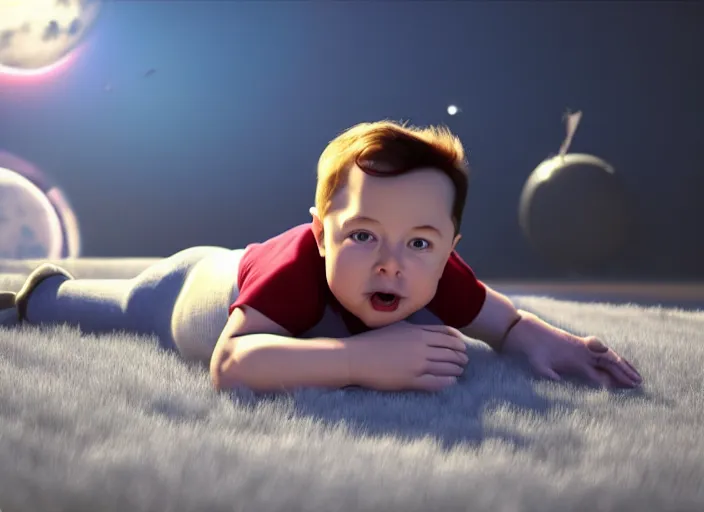Prompt: toddler elon musk lying on a fluffy rug playing with his space rockets, rendered with renderman, realistic materials, pbr, soft lighting, cgsociety