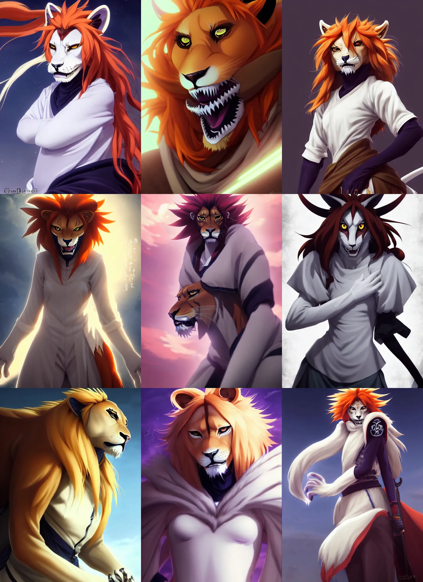 Prompt: beautiful portrait of a female anthropomorphic lioness fursona dressed as a bleach shinigami captain. gotei 1 3. character design by disney, charlie bowater, ross tran, artgerm, and makoto shinkai, detailed, soft lighting, rendered in octane