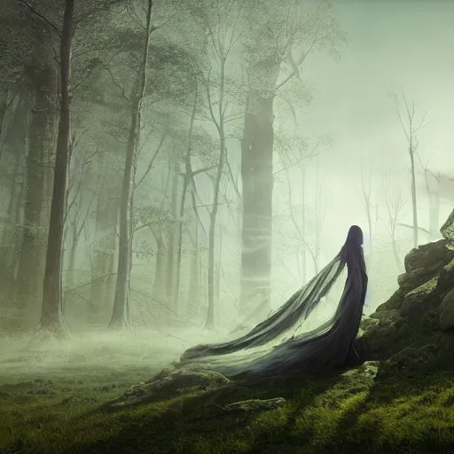 Prompt: a beautiful magical witch, radiating rebirth energy, art by caspar david friedrich, beeple, greg rutkowski, power auras, sigils, tattered cloth robes, substance 3 d painter, pbr textures, physical based rendering, cinematic, hyper realism, high detail, octane render, unreal engine, 8 k, vibrant colors, smooth gradients