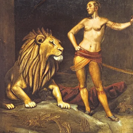 Image similar to a victorious roman gladiator in the arena one feet on top of a defeated lion