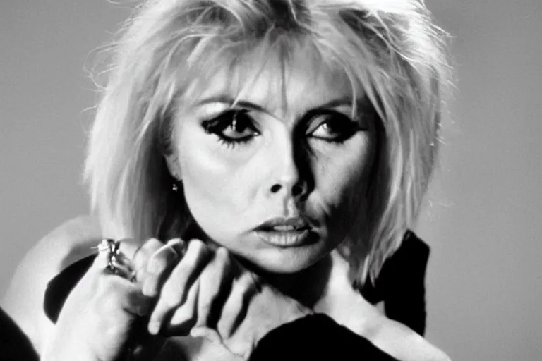 Image similar to a film portrait still of debbie harry in scarface, gritty vice atmosphere. realism, cinematic lighting, 4 k. 8 mm. grainy. panavision.
