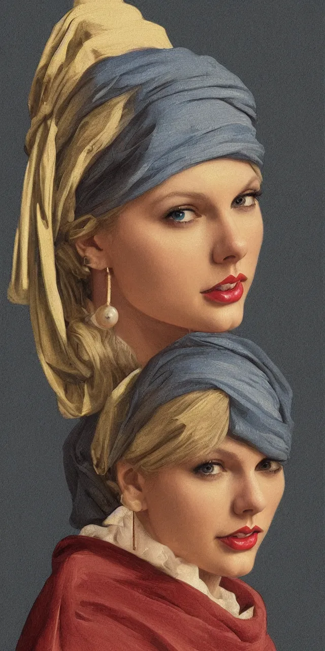 Image similar to Taylor Swift as the girl with the pearl earring, highly detailed, digital painting, artstation, concept art, smooth, sharp focus, illustration, ArtStation, art by artgerm and greg rutkowski and alphonse mucha and J. C. Leyendecker and Edmund Blair Leighton and Katsuhiro Otomo and Geof Darrow and Phil hale and Ashley wood and Ilya repin and Charlie Bowater