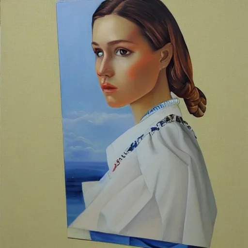 Prompt: hyperrealism oil painting, portrait of fashion model in traditional ukrainian vyshyvanka