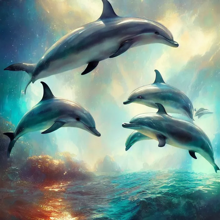 Image similar to dolphins swimming underwater, golden hour, god rays, coral reef, dreamscape by artgerm and ruan jia and ismail inceoglu and greg olsen, cosmos, milky way galaxy, masterpiece, beautiful, intricate, elegant, highly detailed, palm trees