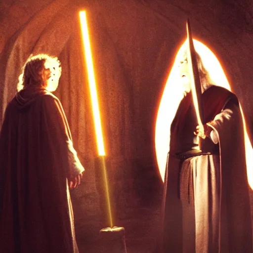 Image similar to frodo and gandalf as jedi master, dramatic lighting,