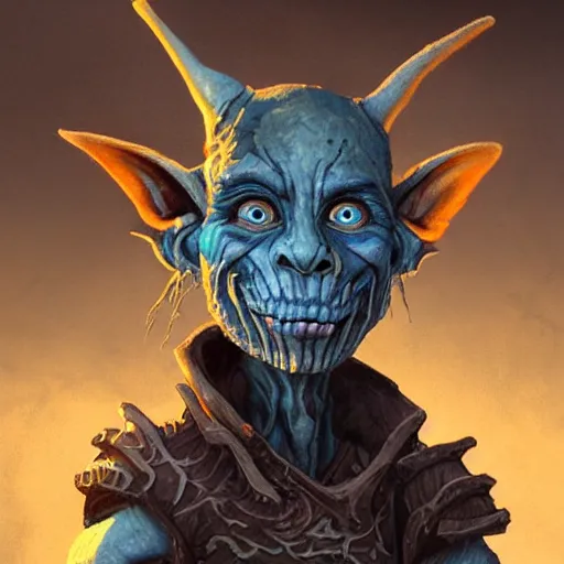 Image similar to a highly detailed goblin with grey skin and blue eyes that glow, in a dust storm, like magic the gathering, goblin chainwalker,, digital art, by christopher rush