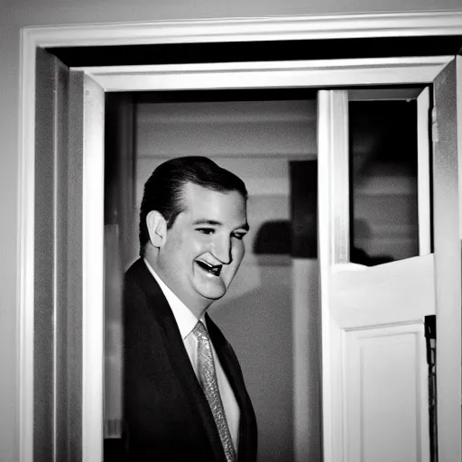 Prompt: Ted Cruz with a wide grin peaking through a door in the distance, black and white, creepy lighting, scary, horror, ornate, eerie, fear