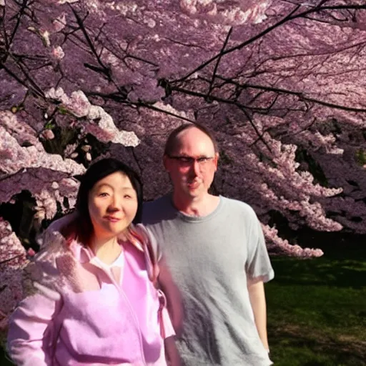 Prompt: lilypitchu and michael reeves under a sakura blossom