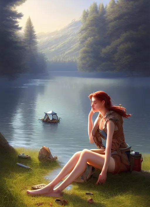 Prompt: full portrait of mage traveller resting at her tent at a lake. intricate, elegant, highly detailed, digital painting, artstation, concept art, smooth, sharp focus, illustration, art by artgerm and greg rutkowski and joe fenton, 8 k