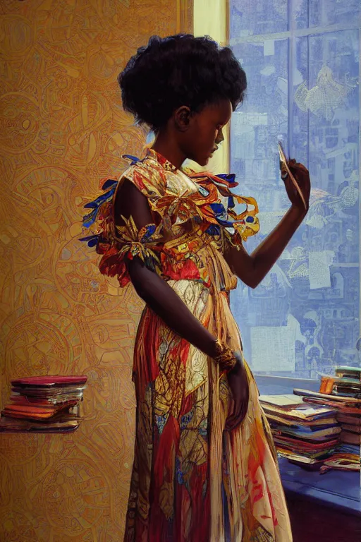 Image similar to african girl in traditional clothes in an office, art by joseph leyendecker, donato giancola, ruan jia, marc simonetti, peter mohrbacher, ayami kojima, cedric peyravernay, alphonse mucha, victo ngai, hyper detailed 4 k