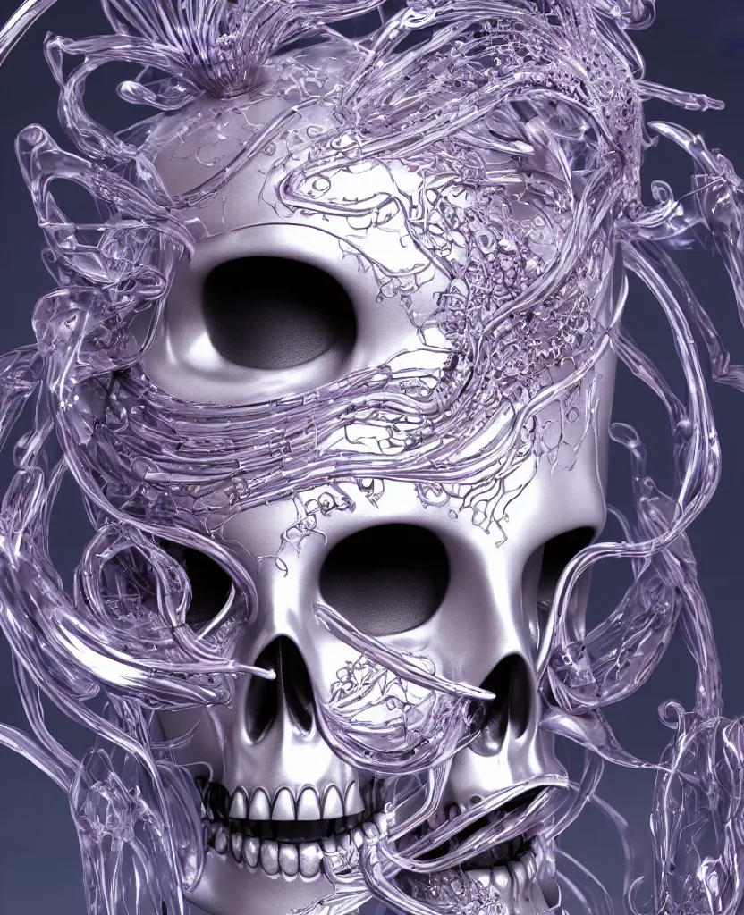 Prompt: close-up macro portrait of the face of a beautiful princess in a skull chrome mask, epic angle and pose, symmetrical artwork, 3d with depth of field, blurred background, cybernetic jellyfish female face skull phoenix bird, translucent, nautilus, energy flows of water and fire. a highly detailed epic cinematic concept art CG render. made in Maya, Blender and Photoshop, octane render, excellent composition, cinematic dystopian brutalist atmosphere, dynamic dramatic cinematic lighting, aesthetic, very inspirational, arthouse. y Greg Rutkowski, Ilya Kuvshinov, WLOP, Stanley Artgerm Lau, Ruan Jia and Fenghua Zhong