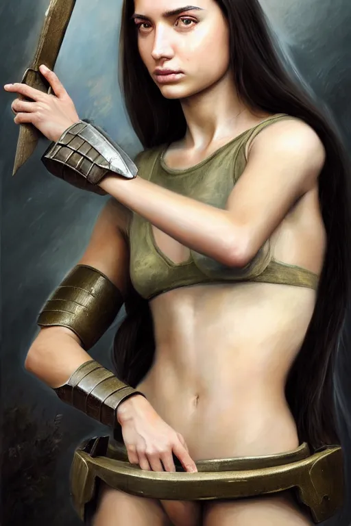 Image similar to a photorealistically painted portrait of an attractive young girl, partially clothed in military battle armor, with an abstractly painted background, flawless olive skin, fair complexion, long dark hair, beautiful bone structure, perfectly symmetric facial features, perfect photorealistic eyes, natural physique, intricate, elegant, digital painting, concept art, finely detailed, beautifully illustrated, sharp focus, minimal artifacts, volumetric lighting, from Halo, by Ruan Jia and Mandy Jurgens and Artgerm and William-Adolphe Bouguerea, in the style of Greg Rutkowski, trending on Artstation, award winning art