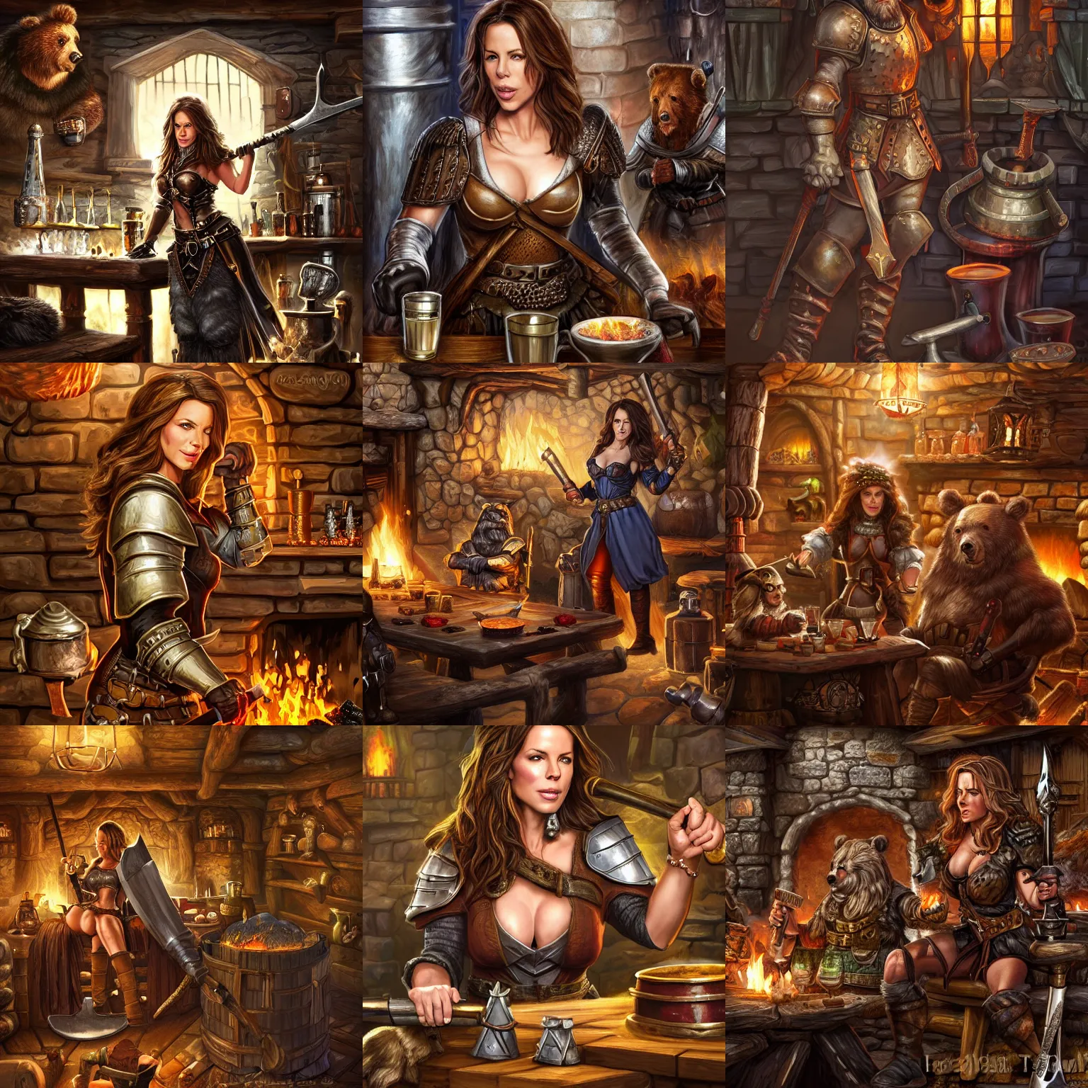 Prompt: kate beckinsale weared in bulk full plate armor of dwarfs with huge hammer, sit in fantasy tavern near fireplace, behind bar deck with bear mugs, medieval dnd, colorfull digital fantasy art, 4k