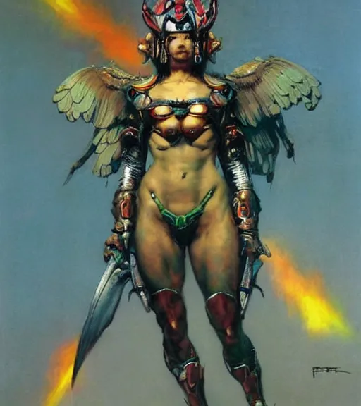 Image similar to portrait of strong korean female chaos angel, beautiful! coherent! by frank frazetta, by brom, strong line, vivid neon color, spiked scrap metal armor, iron helm, high contrast, maximalist