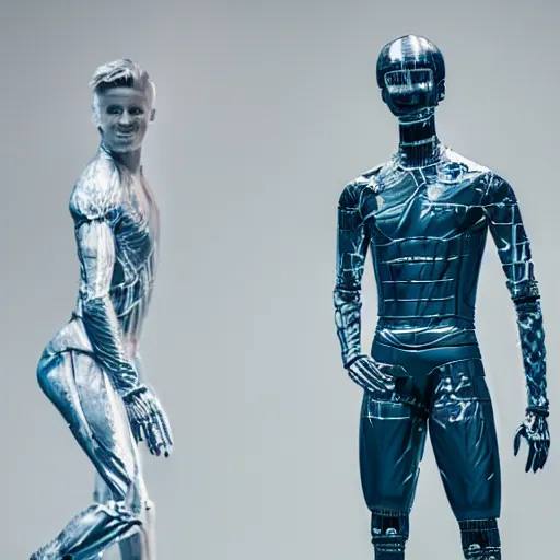 Image similar to a realistic detailed photo of a guy who is an attractive humanoid who is half robot and half humanoid, who is a male android, soccer player martin ødegaard, shiny skin, posing like a statue, blank stare, by the pool, on display, showing off his muscles, humanoid robot, frozen ice statue