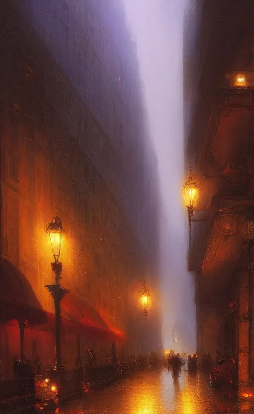 Prompt: Raining New York night alley by Raphael Lacoste and Pierre Auguste Cot and Delphin Enjolras and Daniel F. Gerhartz