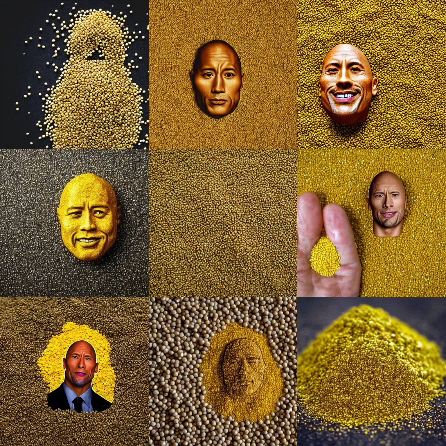 Prompt: a pile of mustard seeds in the shape of dwayne johnson's face, lifestyle photography