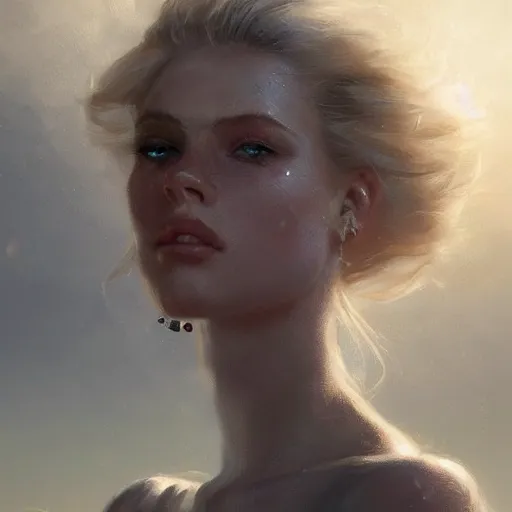 Image similar to full lentgth portrait of a young and beautiful blonde waif with piercing blue eyes, dramatic light, gorgeous view, depth, high detail, digital art, painted by greg rutkowski and vogue, trending on artstation