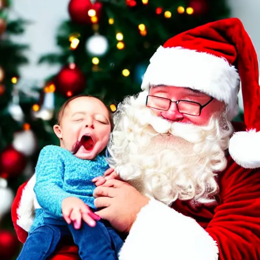 Prompt: a drunk santa crying while having a child on his lap, shopping mall, emotional, sadness, anxious