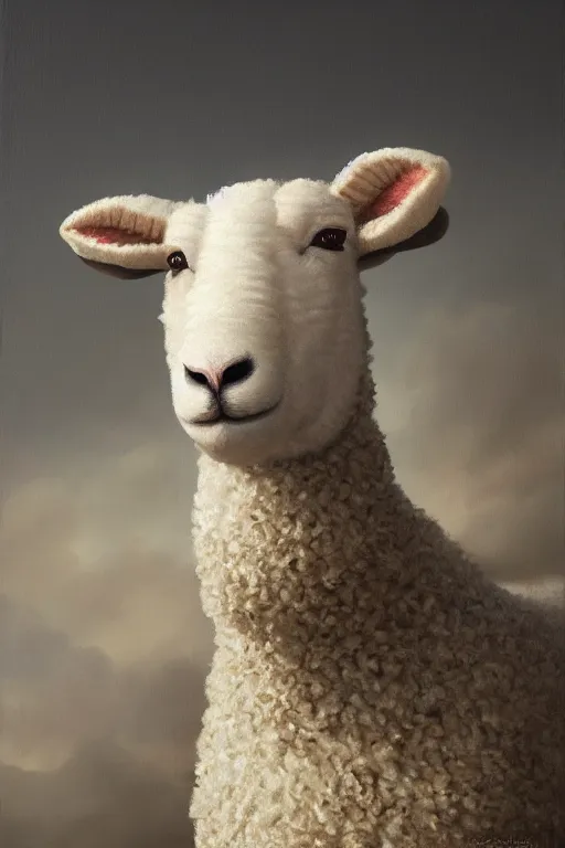 Image similar to anthropomorphic sheep as a ryan, oil on canvas, intricate, portrait, 8 k highly professionally detailed, hdr, cgsociety