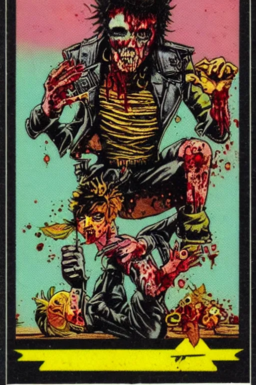 Image similar to topps collectible card, punkrock zombie, vintage, 1980s