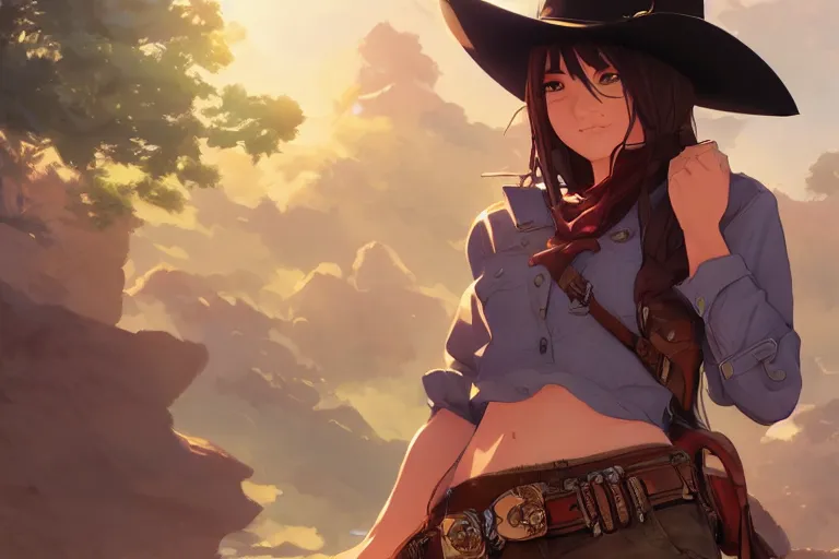 Image similar to western cowgirl, single subject, scenic full shot, ambient lighting, detailed face, by makoto shinkai, stanley artgerm lau, wlop, rossdraws