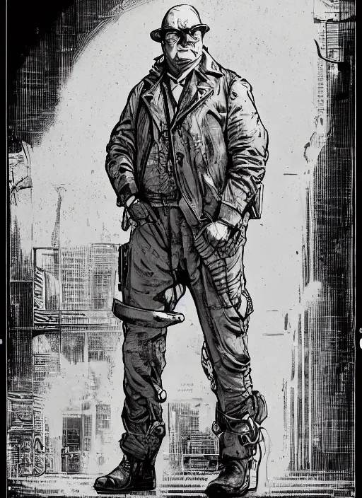 Image similar to winston churchill. cyberpunk mercenary in tactical harness and jumpsuit. portrait by stonehouse and mœbius and will eisner and gil elvgren and pixar. realistic proportions. dystopian. cyberpunk 2 0 7 7, apex, blade runner 2 0 4 9 concept art. cel shading. attractive face. thick lines.