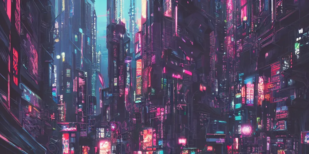 Image similar to beautiful japanese cyberpunk futuristic landscape painting, 3 d hyperrealistic render, cmyk, by tuomas korpi, dan mumford, trending on artstation