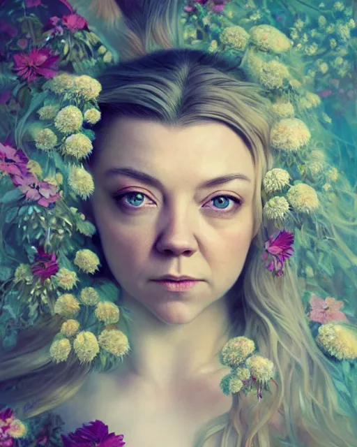 Image similar to portrait of natalie dormer, surrounded by flowers by karol bak, james jean, tom bagshaw, rococo, sharp focus, trending on artstation, cinematic lighting, hyper realism, octane render, 8 k, hyper detailed.