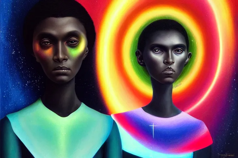 Image similar to patron saint of 🛸🌈👩🏾, futuristic iridescent clothing, wormhole, nebula, black hole, multiverse, neon god of city character portrait, in the style of margaret keane, moebius, tom bagshaw, and waterhouse, cinematic lighting, beautiful, elegant, oil painting,