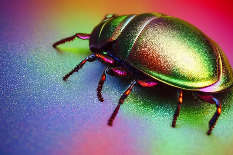 Prompt: iridescent beetle shell, macro photography, by Thomas Kincade, Richard Sigamani, 8k photorealistic, HD, high details, concept art, trending on artstation