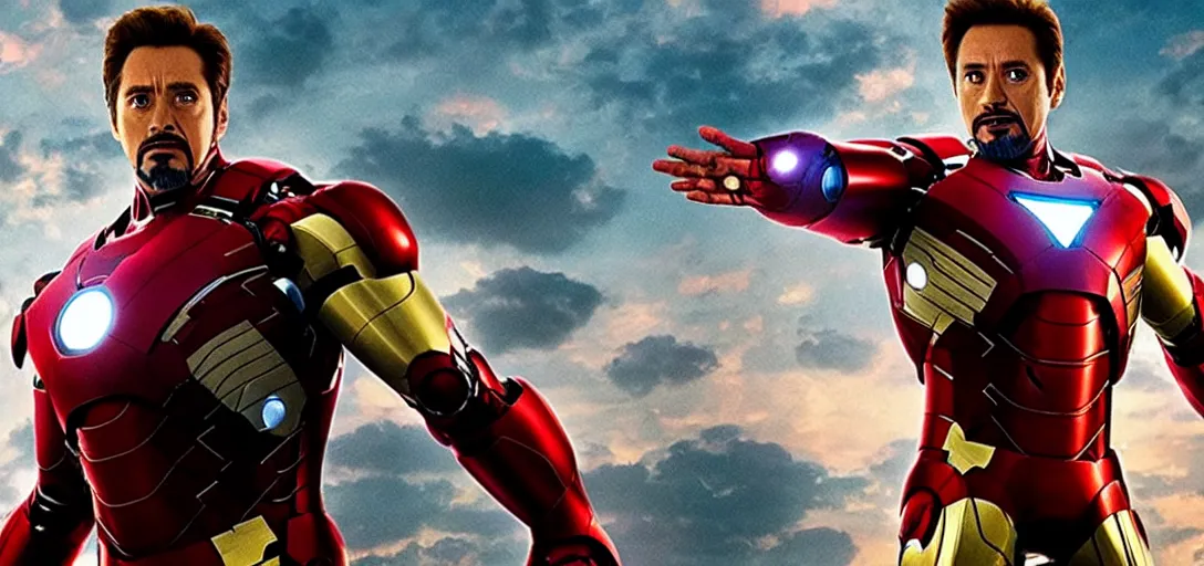 Image similar to jim carrey as iron man, cinematic lens, heroic shot, full shot, from avengers endgame