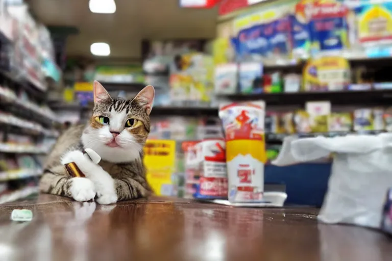 Image similar to cat on the counter in 7 - eleven next to a pack of cigarettes wide angle lens