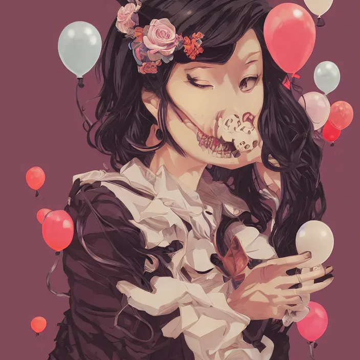 Image similar to anime skull portrait woman, balloons, mucha, hard shadows and strong rim light, art by jc leyendecker and atey ghailan and sachin teng