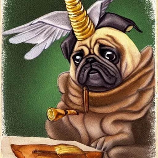 Image similar to a pug with wings and a unicorn horn smoking a cigar