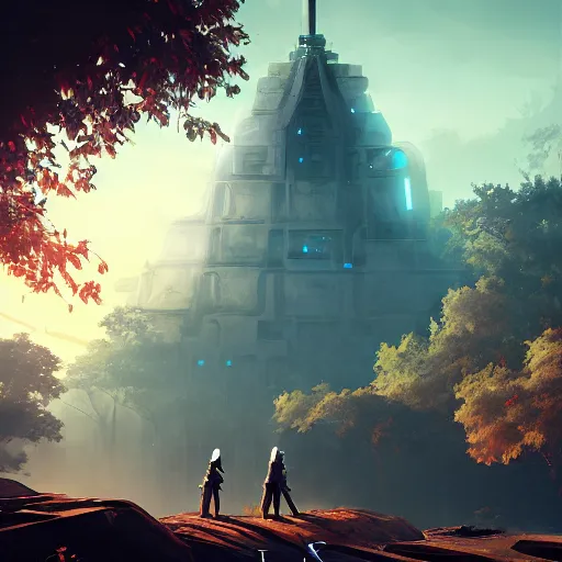 Prompt: beautiful landscape, nier automata, protoss temple, advanced technology, cinematic lighting, highly detailed, masterpiece, art by bastien grivet