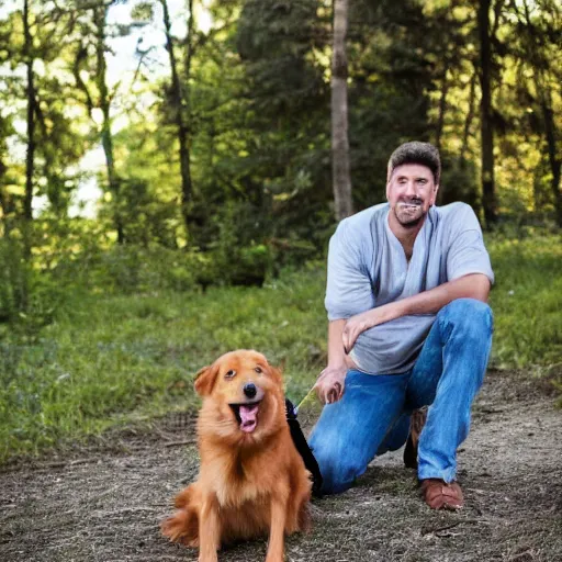 Image similar to the most chad man in the world with his dog, portrait photography